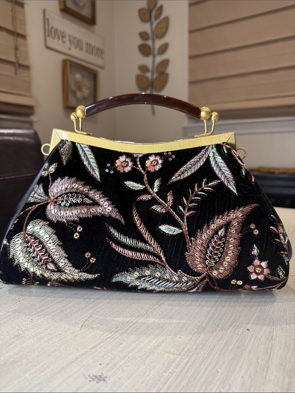 Patricia Nash Black Velvet Floral Embroidered Top-Handle Clutch
